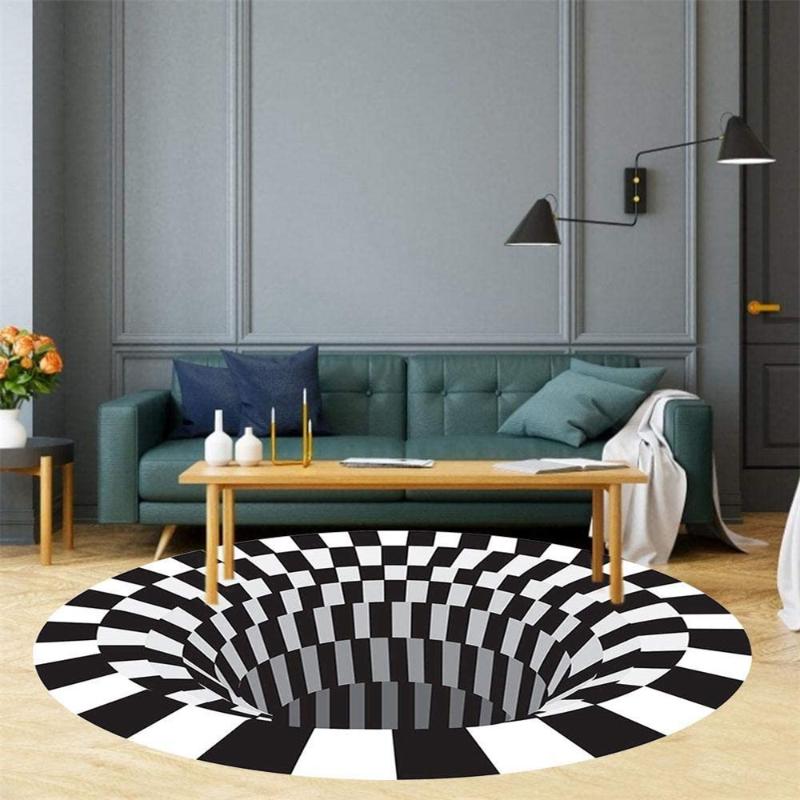 

3D Stereo Vision Area Rug Floor Mat Black White Round Plaid Anti-Slip Non-woven Rug Carpet for Home Bedroom Living Dining Room