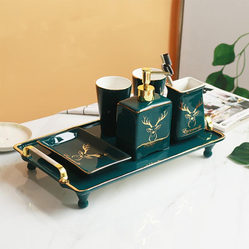 

Free Shipping Nordic Bathroom Accessories Set 5 Pieces Hotel Decoration Elk Painting Golden Handled Tray 6 Pcs Ceramic Emerald