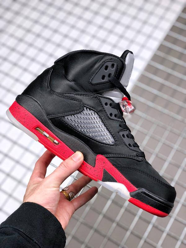 

Classic Basketball Shoes Jumpman 5s High Satin Bred BLACK/ RED Color All-Black Upper Top Red Midsole black Accents Translucent Sole Sports Shoe Size US4-13 InStock