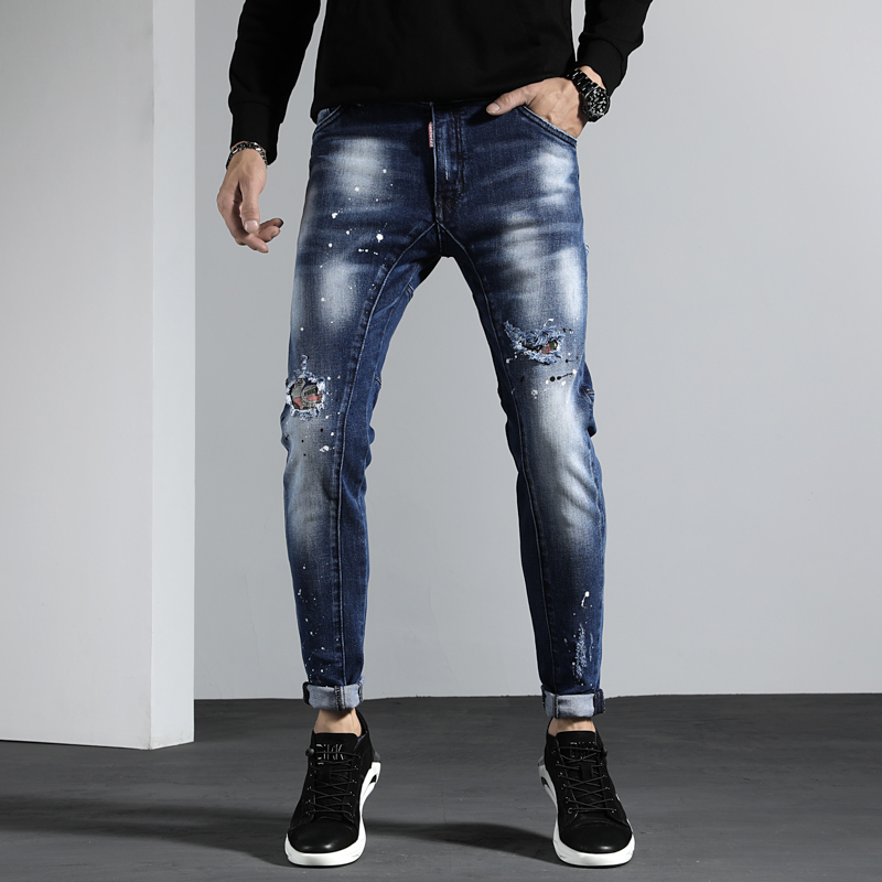 

2021 New Jeans for Ripped Men Painted Thin Strain Pants Embroidered Hip Hip-hop Embroidery Blue Spring QMYY