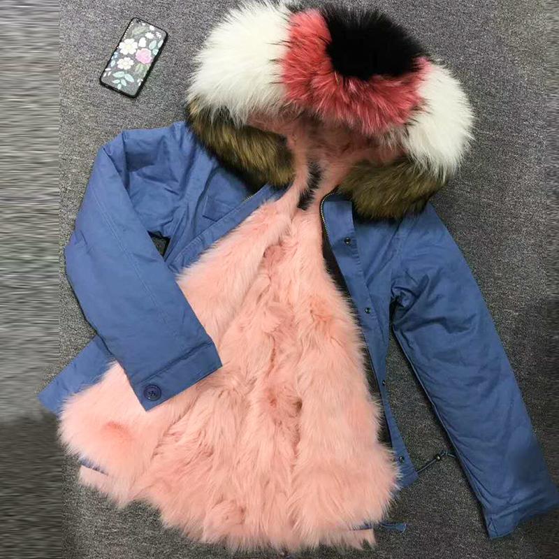 

Fashionable Fur Parka Pink Lined Out Coat For Women With Pretty Colorful Raccoon Fur Collar, As pic