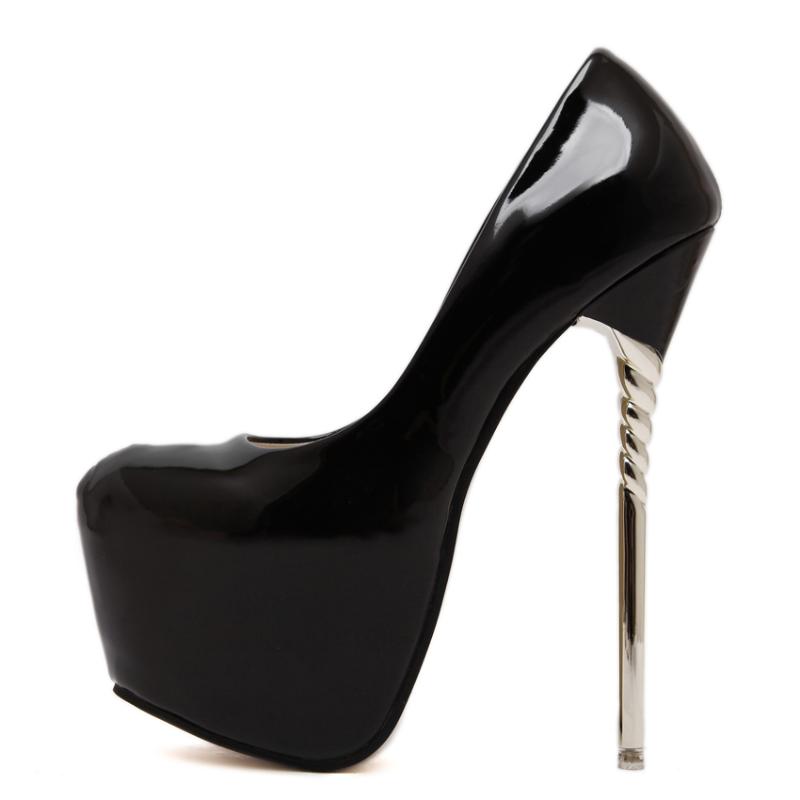 

New 16cm Super High Heel Metal Stiletto Patent Leather Baotou Sexy Nightclub Red Wedding Women's Single Shoes 20cm18cm, Black leather