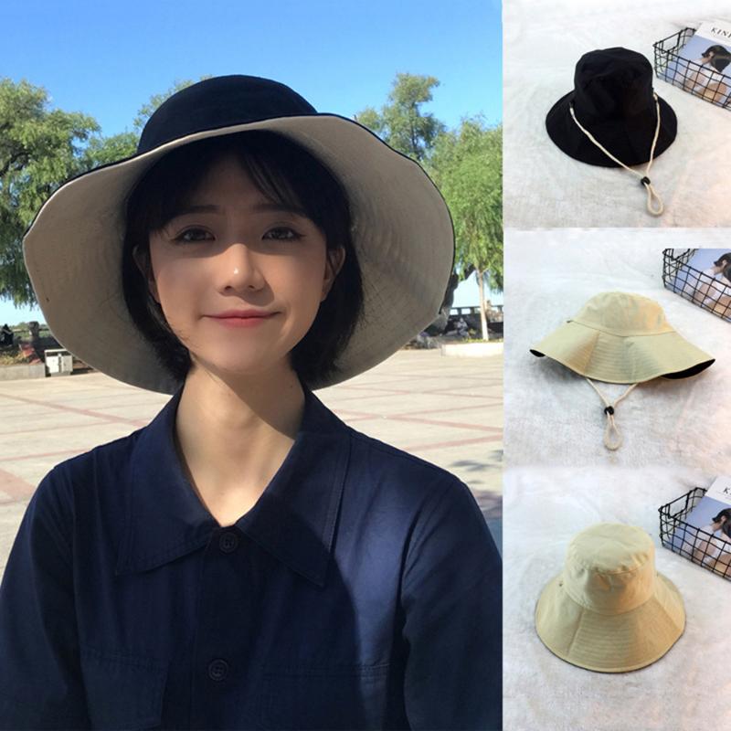 

classic solid UV bucket hat for women wide brim sun hats summer mesh double faced fisherman cap, Fluorescein black