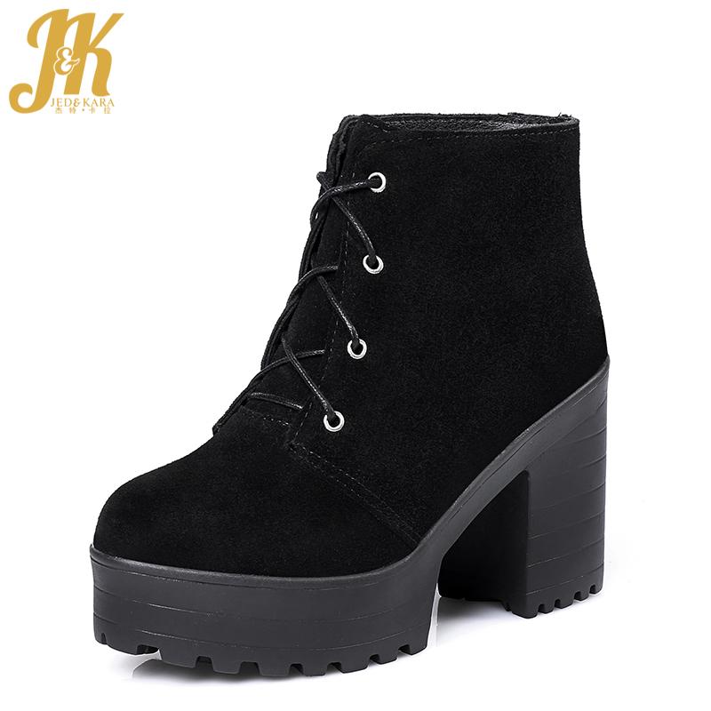

JK Shoelaces Ankle Women Boots High Heels Round Toe Footwear Fashion Cow Suede Female Shoes Winter Short Plush Platform Boots, Beige