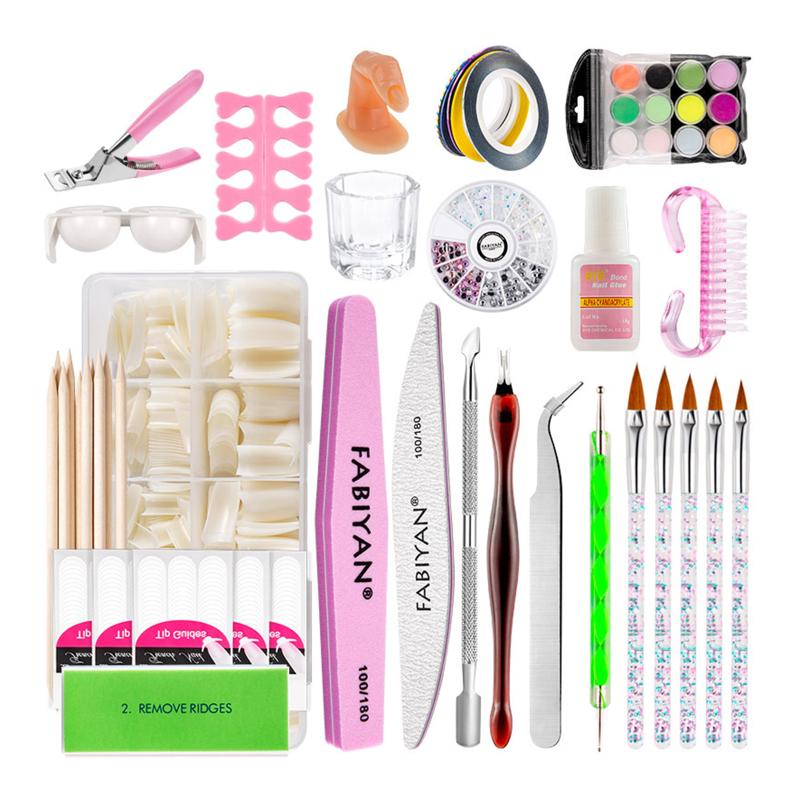 

New 39Pcs Nail Art Kit Acrylic Powder Crystal Decoration French Stickers Buffer File Brush Manicure Cuticle Pusher Care Tools