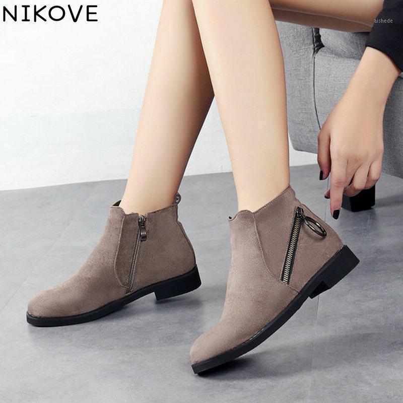 

NIKOVE 2020 Women Ankle Boots Pu Leather All Match Zipper Low Heel Winter Boots Women Shoes Black Winter Shoes Size 34-431