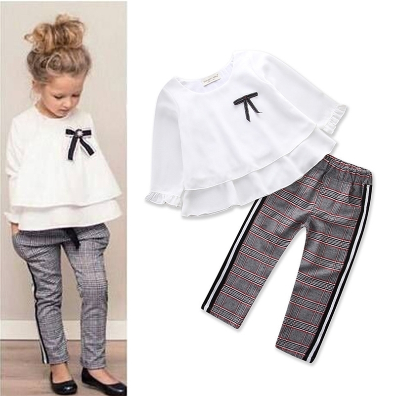 

Toddler Baby Kids Girls Outfits Ruffle T Shirt Tops+Checked Pants Clothes Set Long Sleeves Winter Autumn Clothes Outfits 201031, As picture