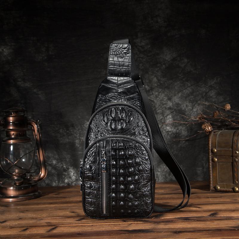 

Original Leather Men Casual Fashion Travel Triangle Chest Sling Bag Black Design 8" Tablet One Shoulder Bag Daypack Male 802