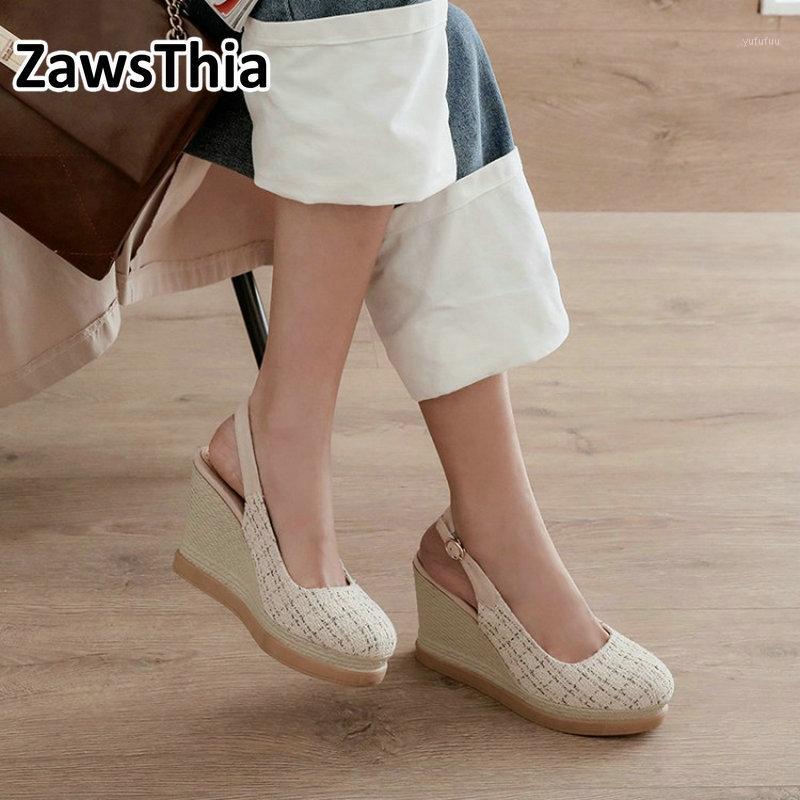 

ZawsThia 2020 summer plaid checked woman slingback pumps shoes platform high heel women wedges espadrilles sandals big size 441, Beige