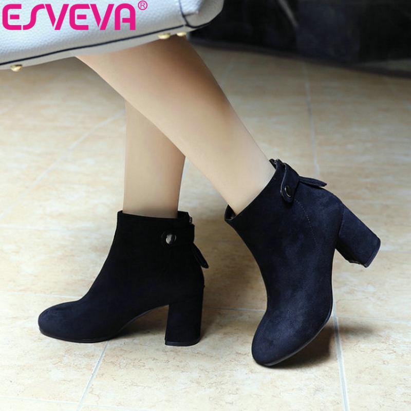 

ESVEVA 2021 Woman Boots High Heels Basic Square Heels Winter Boots Autumn Shoes Flock Women Ankle Shoes Pointed Toe 34-43, Black