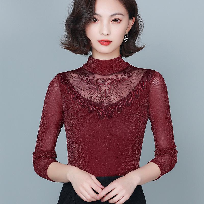 

New 2020 Autumn winter woman tshirts Fashion Turtleneck Mesh t-shirt Sexy Hollow out women tpos and shirt blusas, Beige