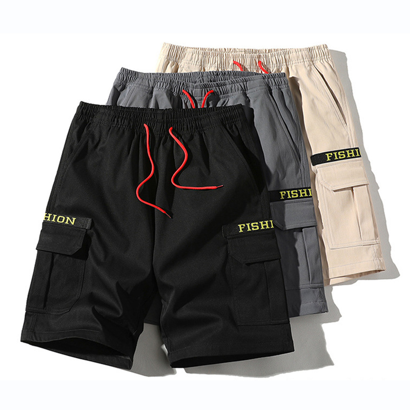 

Cotton Men Shorts Beach Summer Casual Surf Board Cargo Pants Black Jogger Japanese Hip Hop Sweatpants Bermuda Knee Length, Gray