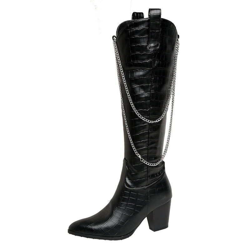 

2021 New Pu Leather Knee Boots Pointed Toe Square High Heels Autumn Winter Fashion Side Women Shoes Size 34-43 Evb1, Black