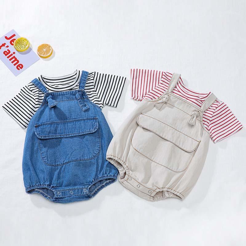

2020 New Korean Japan Style Toddler Baby Boys Girls Clothes Suit Striped T-shirt+Cowboy Jumpsuit Baby Girls Clothing Sets1, K3310 grey