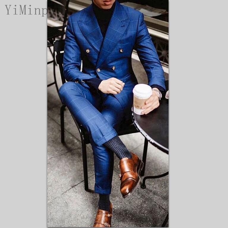 

Blue Plaid Men Suits Peaked Lapel Double Breasted Costume Mariage Homme Blazer Jacket Men Tuxedos Groom Wedding Suits Coat Pant 2 Piece, Black;gray