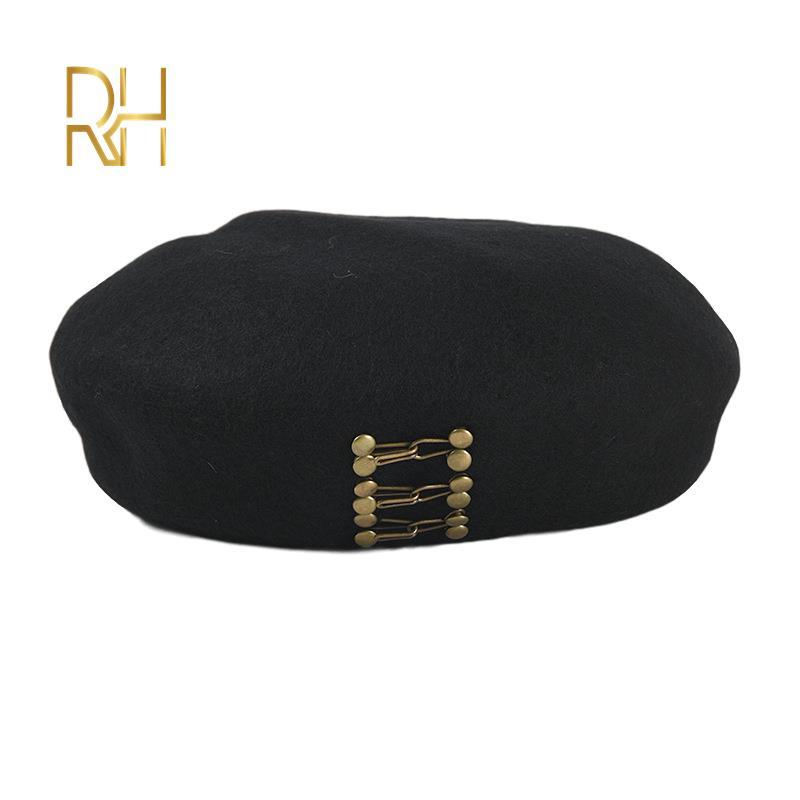 

Autumn and Winter Temperament Woolen Beret Women's Solid Color Iron Buckle Retro Artist Flat Top Painter Hat RH, Black
