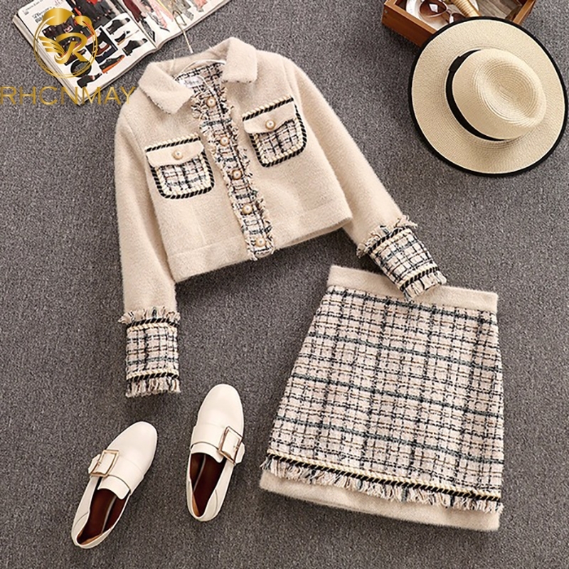 

Fall Winter Grid Tweed Women 2 Piece Set High Quality Runway Luxury Patchwork Warm Pearl Jacket Coat + Mini Skirt Suits 201109, Beige