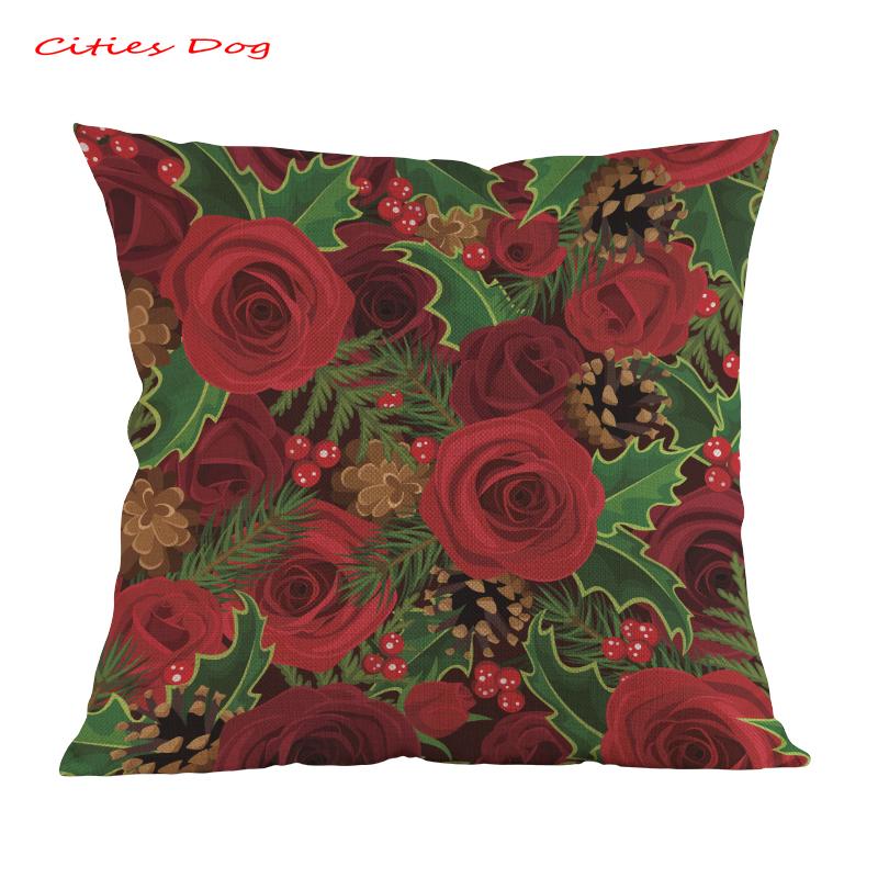 

Christmas pattern pillow cushion Valentine's Day Rose cojines decorativos para kussenhoes Linen almofada pillowcase
