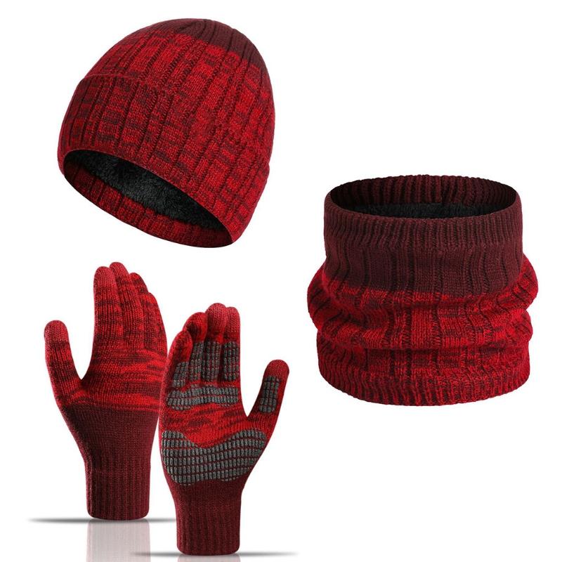

Unisex Winter 3Pcs Knit Warm Beanie Hat Scarf Non-Slip Touch Screen Gloves Set