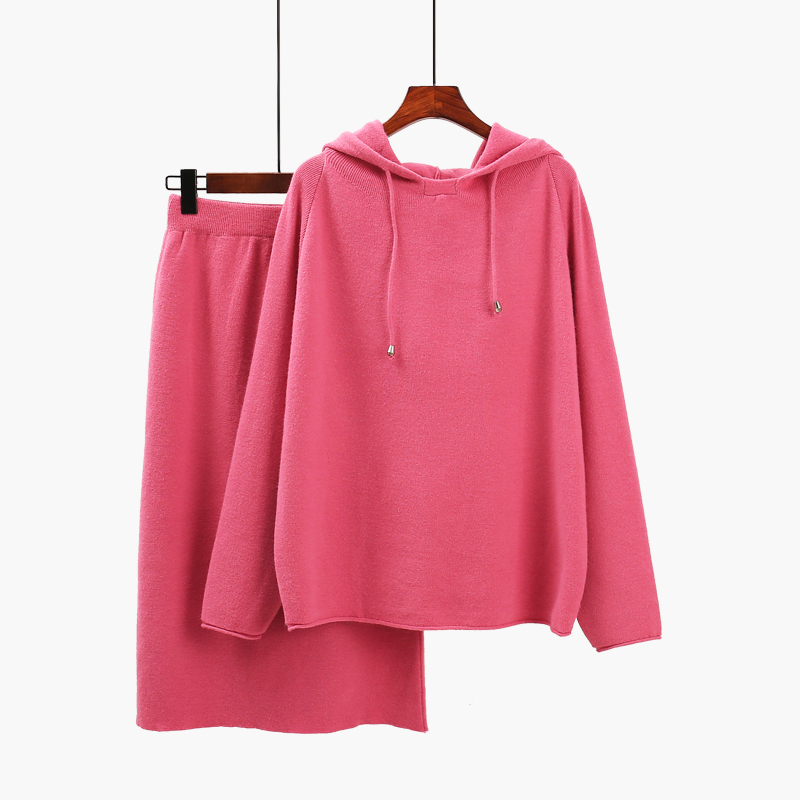 

LANMREM 20220 Knitted solid two-piece fashionable suit sweater skirt autumn winter preppy style loose hooded pullover coat2A183 201130, Khaki