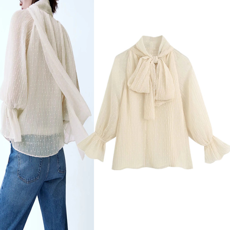 

2021 New Women High Collar Bow Tied Semi-sheer Blouse Female Vintage Long Sleeves Chiffon Dotted Mesh Elegant Chic Tops A9a2, Beige