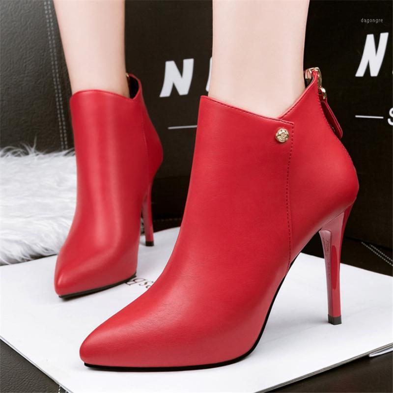 

Elegant Short Boots Soft Leather Women Red Winter Wedding Thin Heels Female Zip Party Shoes 2021 Woman Pointed Toe Ankle Booties1, Black