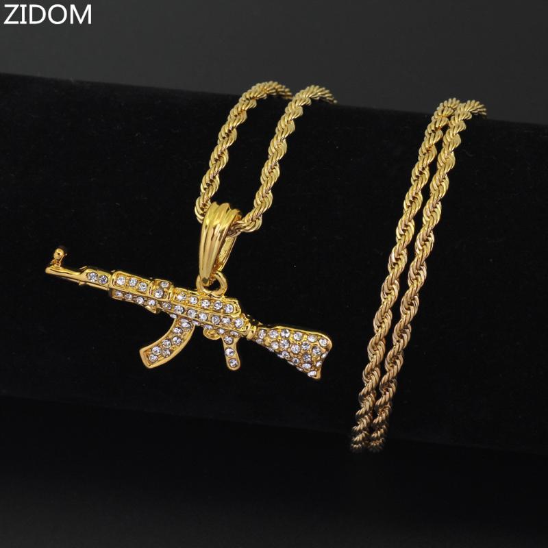 

Men Women Hip hop Iced out Gun Pendant Necklaces with Stainless Steel 60cm long chain fashion necklace jewelry gifts