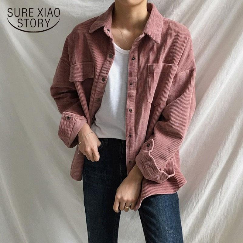 

Vintage Corduroy Shirt Women Korean Blouse Femme Loose Boyfriend Style Woman Shirts Casual Asymmetrical Pockets All-match 11537, Apricot