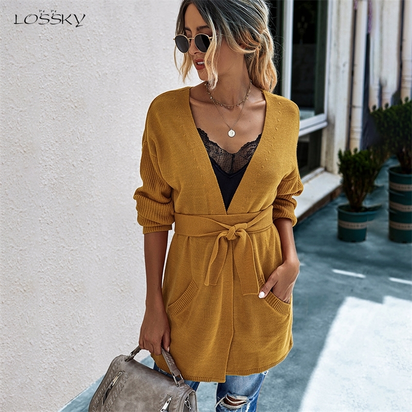 

Long Cardigan Women Autumn Winter French Clothes Elegant Ladies Long Sleeve V Neck Knit Black Sweater Tops Belt 2020 Jacket Coat LJ201114