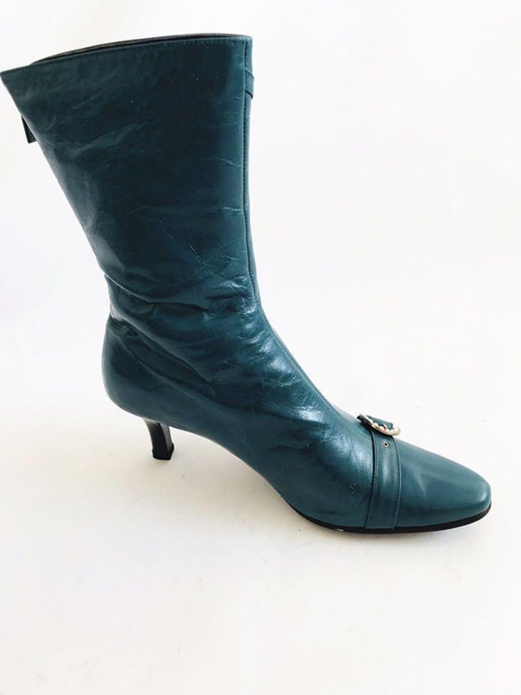 

Women's Leather Shoes Round Head Stiletto Thin Velvet Retro Tube Boots Spring And Autumn Wild Mother Shoes1, Green