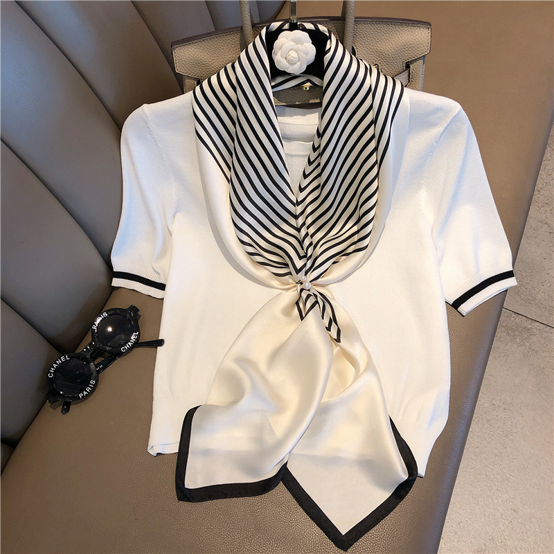 

New high end scarf, silk like printing, black and white stripe 90 large square scarf shawl