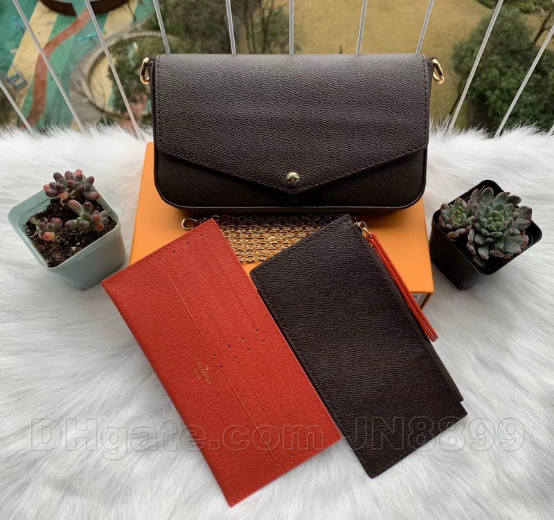 

Top Quality Fashion Shoulder Bag Women Female Chain Strap Messenger Ladies PU Leather Bags Purse 3pcs/sets With Box dust bag, Brown flower