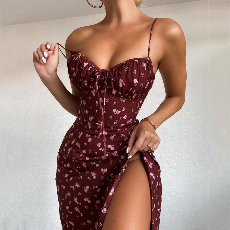 

Women Autumn Split Long Dress Spaghetti Strap Floral Printed Long Dresses Summer Lady Female Boho Elegant Maxi Party Vestidos, Burgundy