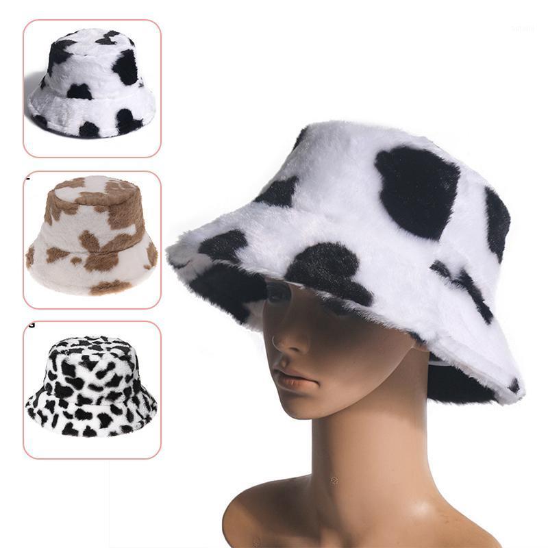 

New Autumn Winter Cow Pattern Fisherman Hat For Women Fashion Plush Thickened Outdoor Warm Caps Soft Fluffy Bucket Hats1, Brown
