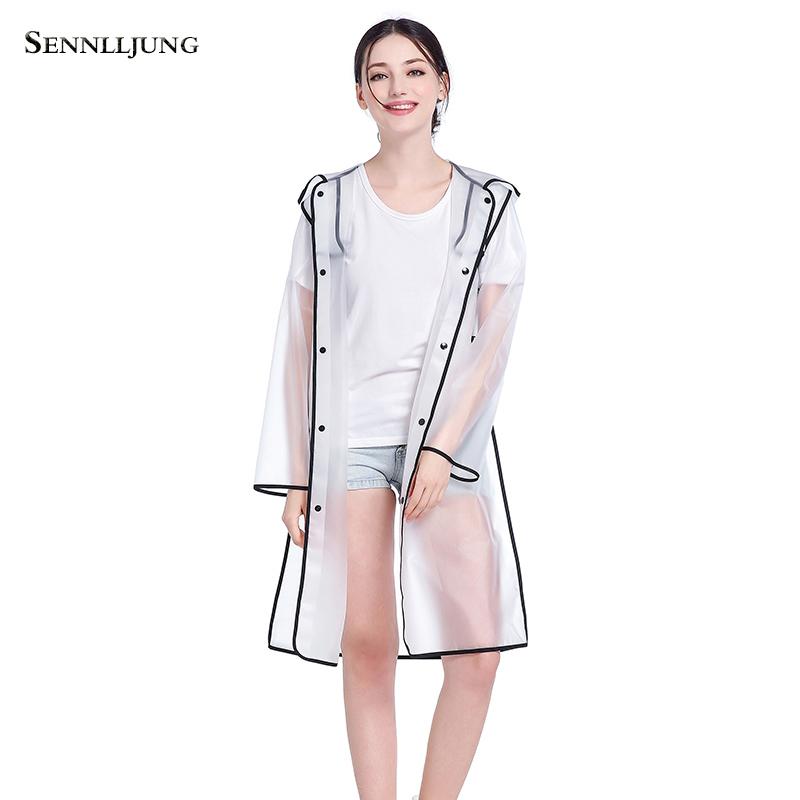 

SENNLLJUNG EVA Transparent Waterproof Women Long Raincoat Poncho Windproof Clear Rain Coat With Zipper Outdoor Jacket Rainwear