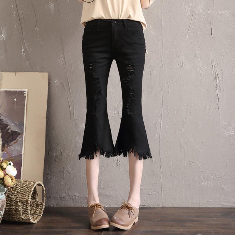 

Women Summer High Stretch Mid Waist Jeans Female Denim Capris Pants Casual Ripped Hole Calf Length Flare Pants1, 1610 white