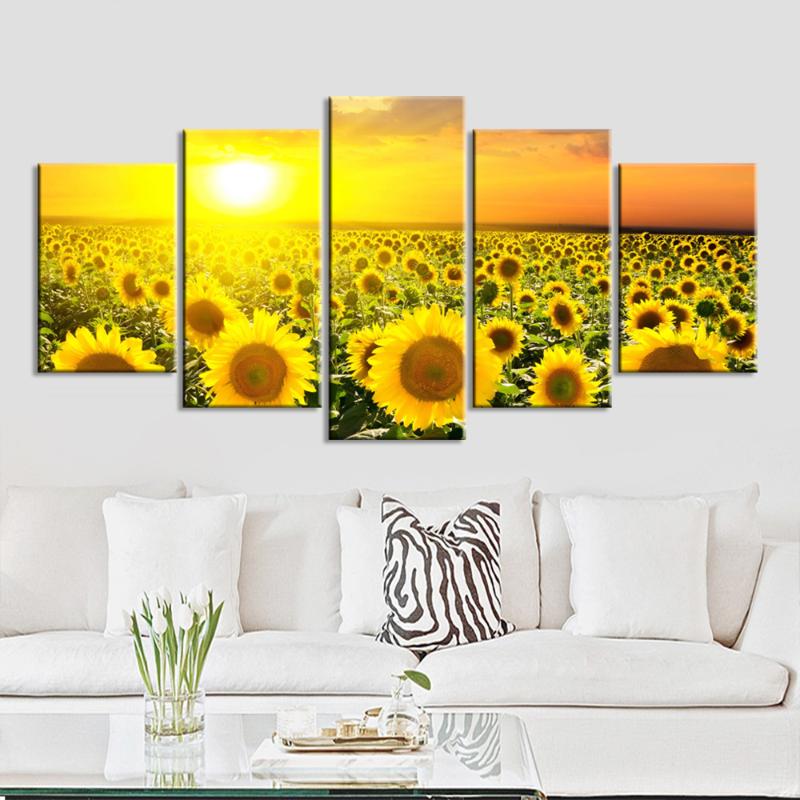 

No Frame Wall Pictures for Living Room 5 Pieces Sunflower Oil Art Canvas Painting Modern Printed Paintings Wall Art Picture