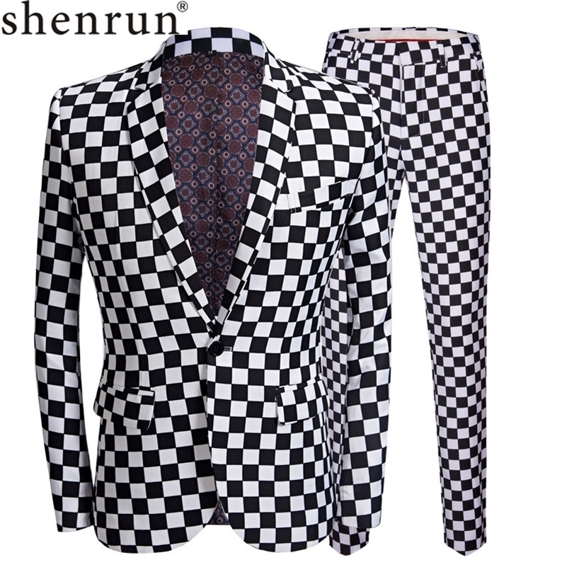

SHENRUN Fashion Suit Men Black White Plaid Print 2 Pieces Set Latest Coat Pant Designs Wedding Stage Singer Slim Fit Costume 201106, Jacket