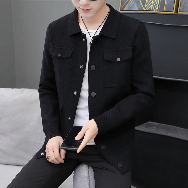 

2021 New Men's Spring and Winter Thin Knitted Lapel Work Done Jacket Tools Fashion Young Clothes PFQ2, Black