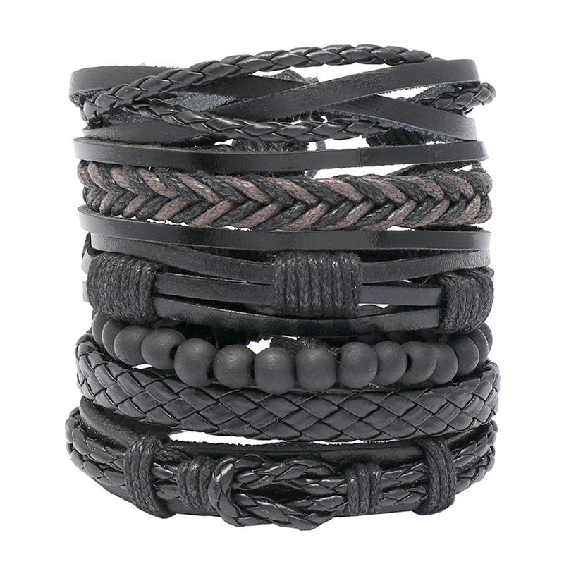 

2020-Men's braided leather bracelet, 6-piece set, retro resort style