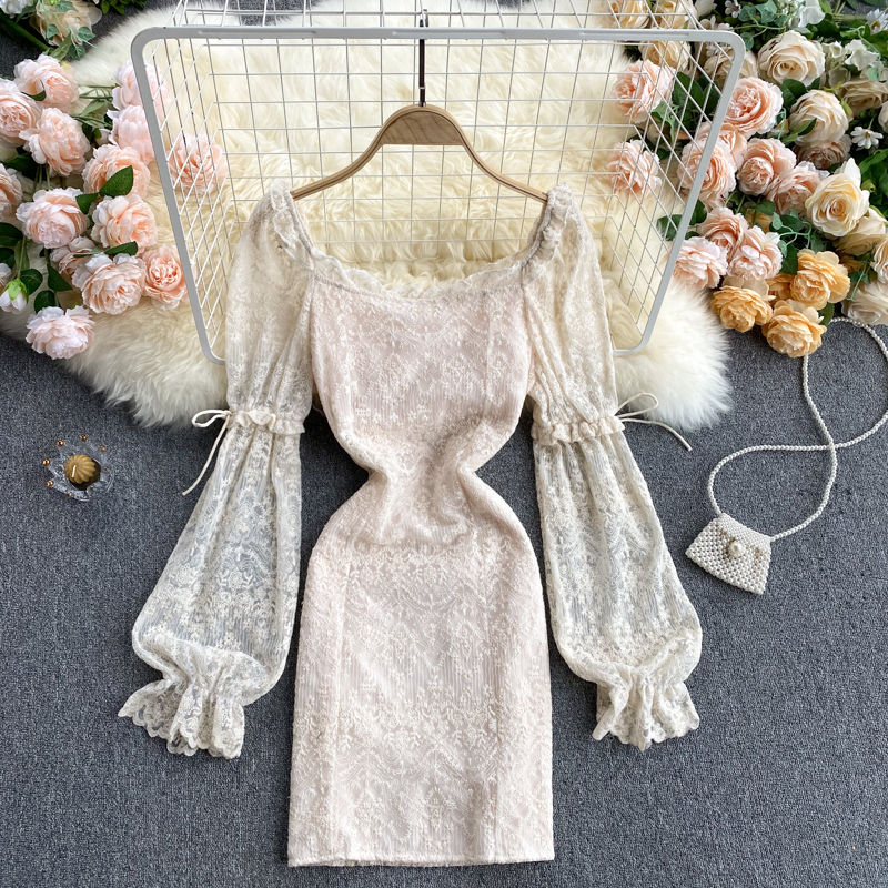 

2021 New Elegant lace dressed feminine square puff solid fine autumn streetwear short dress 4FGM, Apricot