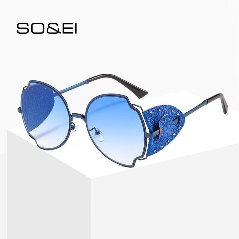 

Sunglasses SO&EI Vintage Steampunk Unique Irregular Metal Frame Women Fashion Luxury PU Leather Rivet Decoration Sun Glasses Men