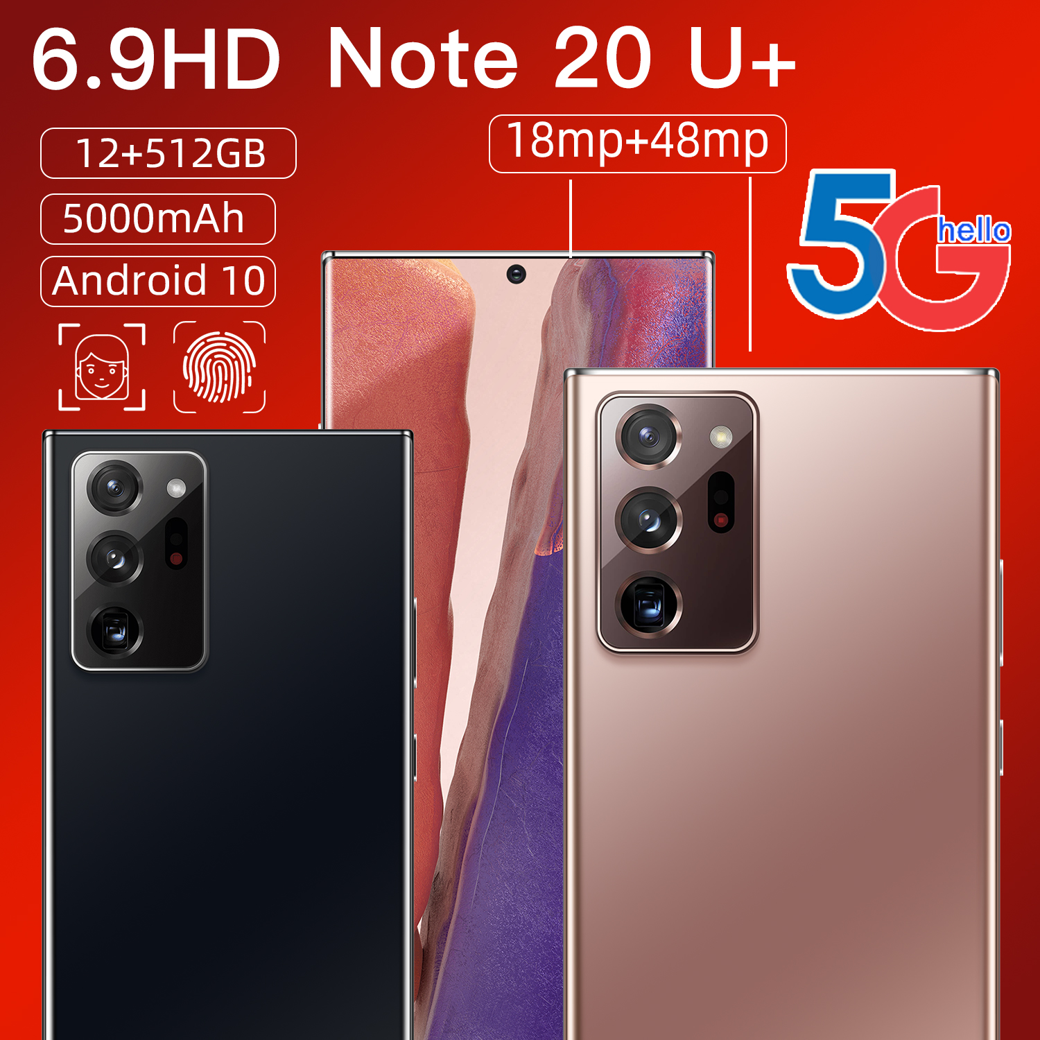 

NOTE20U+ Smartphone 6.9" Cellphones Android Fingerprint Face Unlock Dual Camera 5G 4G 3G Smart Mobile Cell Phone Global Version, Brown