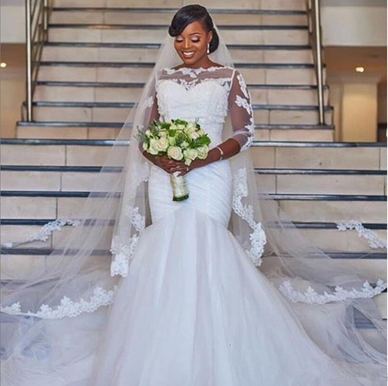 

2021 New Mermaid Arrival Dressed in South African Tulle Wedding 3/4 Illusion Plied Vintage Dress Novice Applications 0A6D, Champagne