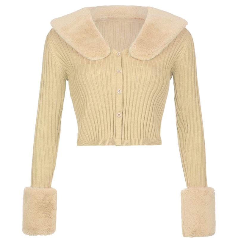 

Women Long Sleeve Knitted Cardigan Fluffy Plush Patchwork Lapel Collar Buttons Sweater Coat Solid Color Slim Crop Top, Yellow