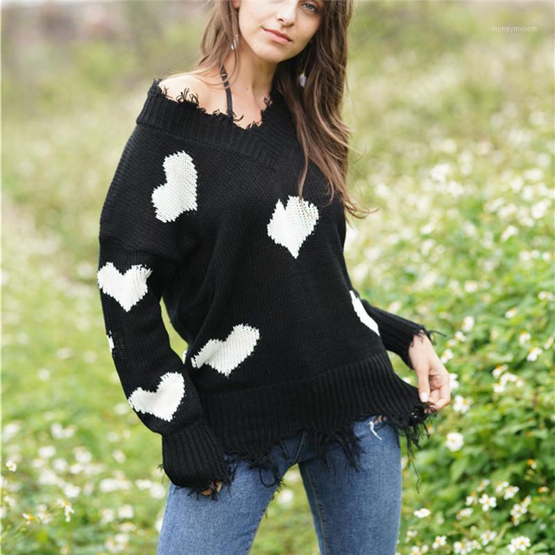 

Truien dames Women v-neck Sweater with heart Casual Knitted Loose Long Sleeve Pullover pull femme nouveaute 2019 roupas feminina1, Rd