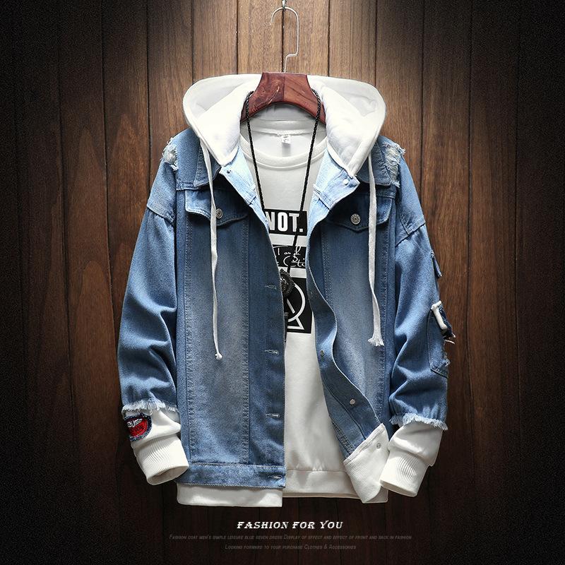 

Men Jackets Spring Autumn Fake Two Pieces Patchwork Denim Hooded Jacket Causal Worn Hole Coat Outwear Male Plus Size, Light blue