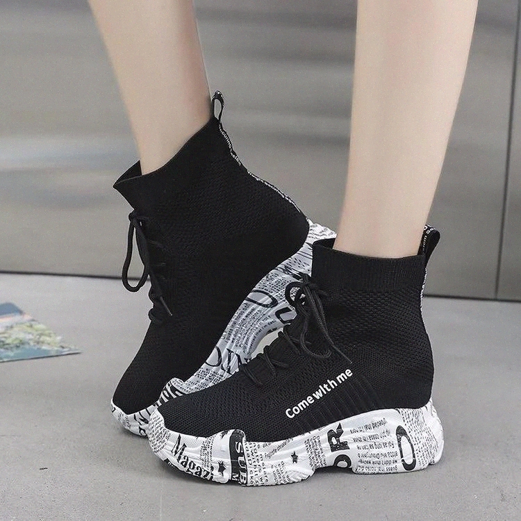 

2020 Autumn Thick-soled Inner Heightening Socks Boots Women's High-top Lace-up Letter Short Boots Knitted Breathable Women #sR1L, Black