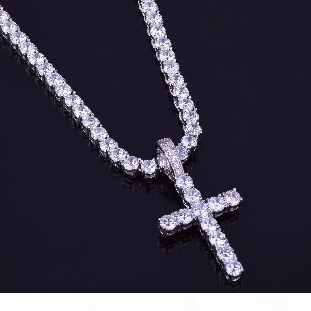 

Iced Out Zircon Cross Pendant With 4mm Tennis Chain Necklace Set Men's Hip hop Jewelry Gold Silver CZ Pendant Necklace Set281m