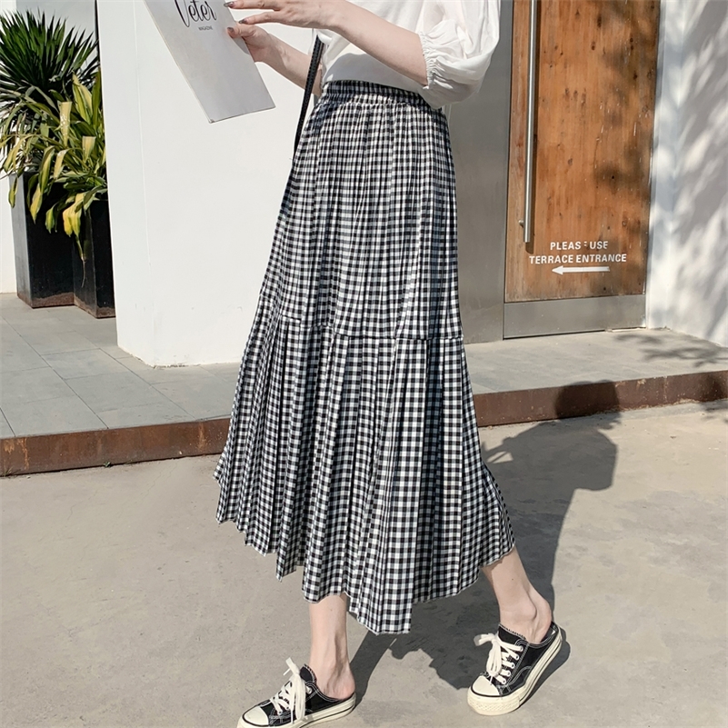 

Spring Summer Plaid Pleated Skirt Elastic High Waist Midi Long A-line Skirt Womans Harajuku Preppy Style Vintage Skirt Y200326